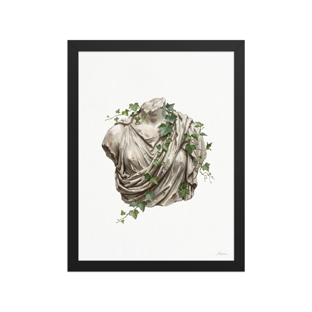 'Ivy Entwined Torso' — a Neoclassicism,Realism print. An oil painting of a classical Greek or Roman marble bust draped in robes and entwined with green ivy against a white background, ideal for a living room or office.