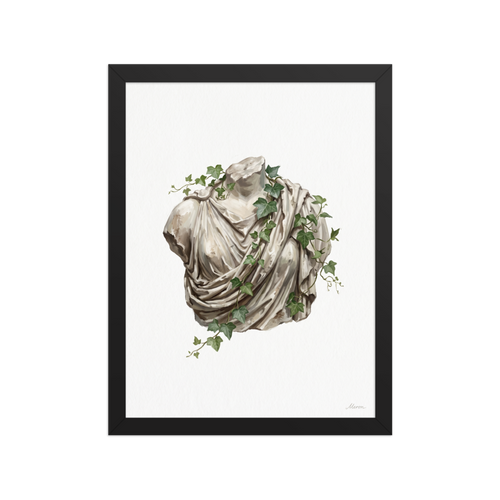 'Ivy Entwined Torso' — a Neoclassicism,Realism print. An oil painting of a classical Greek or Roman marble bust draped in robes and entwined with green ivy against a white background, ideal for a living room or office.