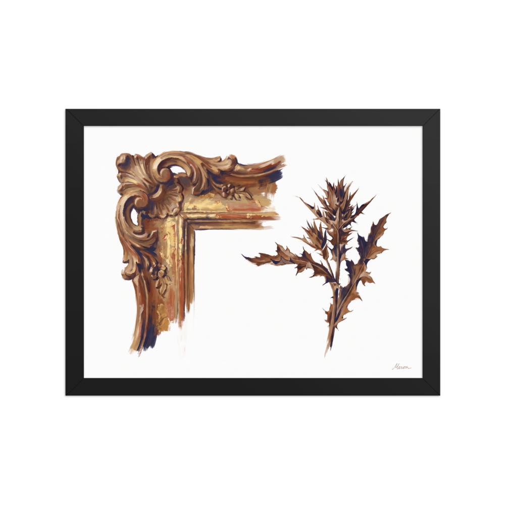 'Gilded Frame and Thistle' — a Baroque,Realism print. An oil painting of an ornate golden picture frame corner beside a rustic brown thistle leaf against a white background, perfect for a vintage-inspired living room.