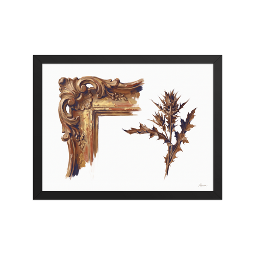 'Gilded Frame and Thistle' — a Baroque,Realism print. An oil painting of an ornate golden picture frame corner beside a rustic brown thistle leaf against a white background, perfect for a vintage-inspired living room.