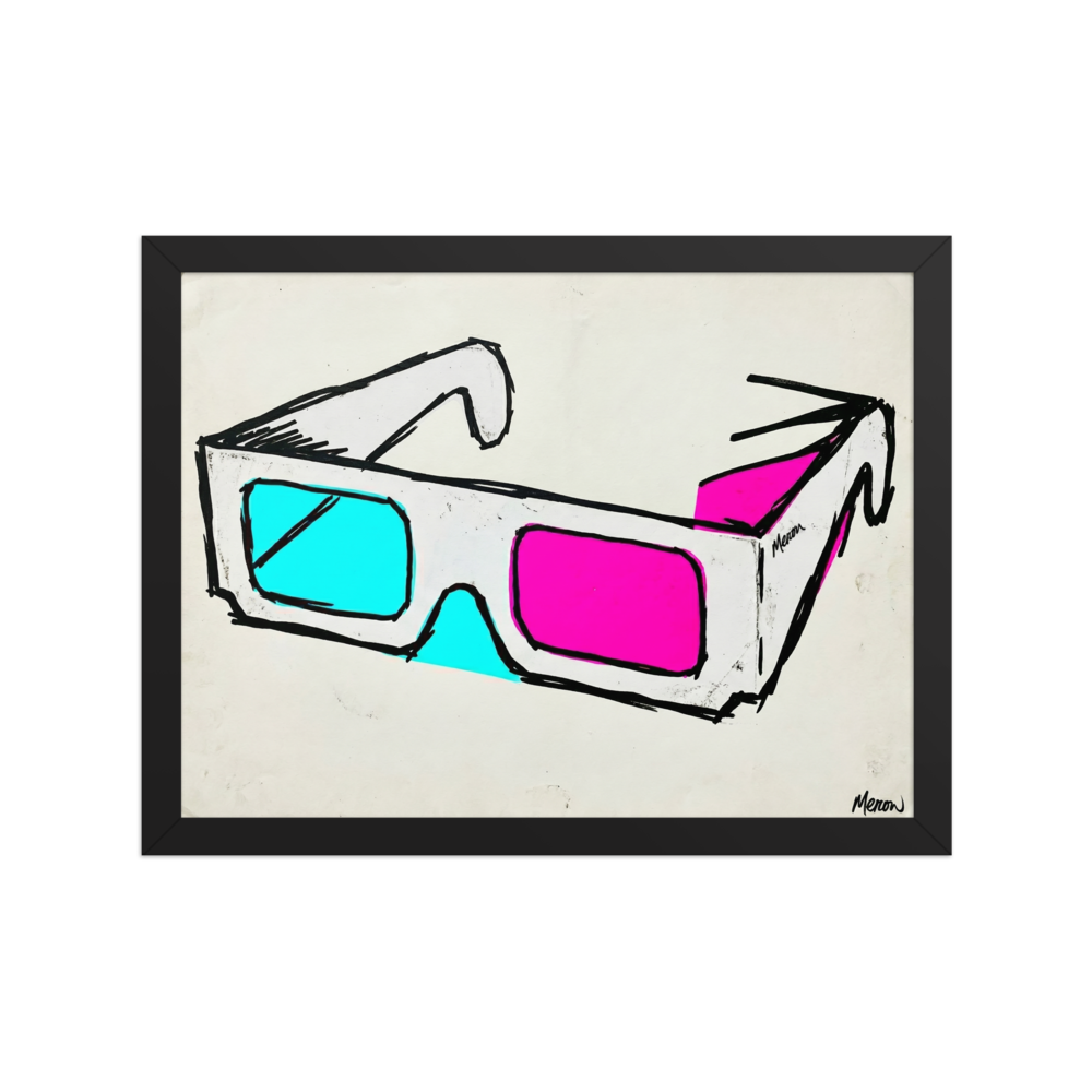 'Retro Vision' — a Pop art print. A sketchy pop art drawing of vintage 3D glasses with one cyan and one magenta lens against a white background, perfect for a home theater.
