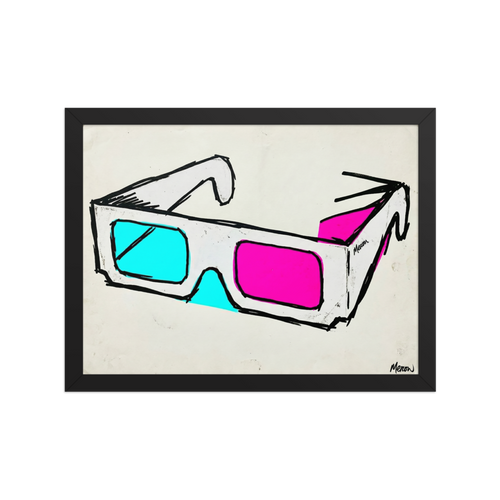 'Retro Vision' — a Pop art print. A sketchy pop art drawing of vintage 3D glasses with one cyan and one magenta lens against a white background, perfect for a home theater.