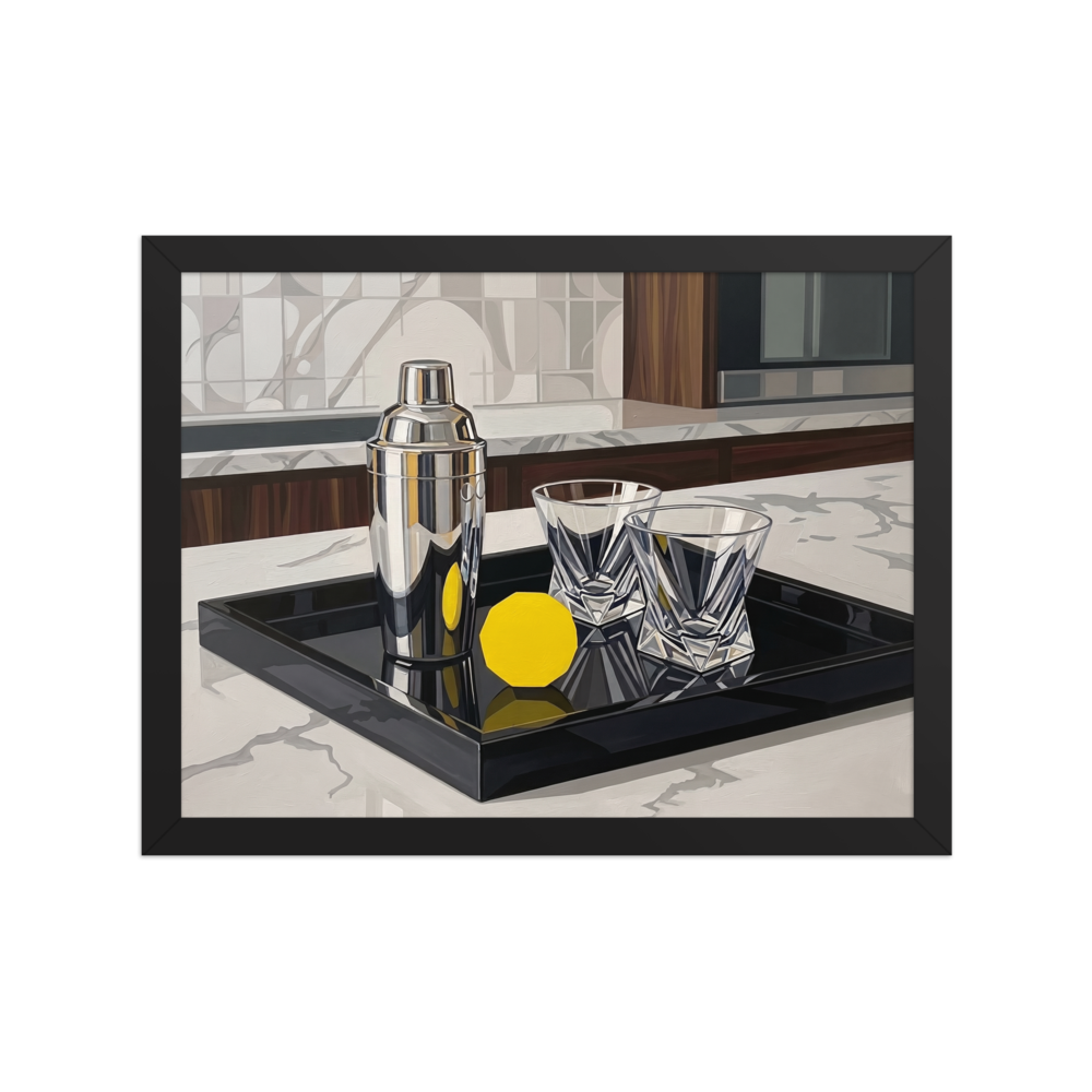'The Evening Cocktail' — a Art Deco print. An Art Deco oil painting of a silver cocktail shaker, crystal glasses, and a geometric yellow lemon on a black tray, perfect for a home bar.