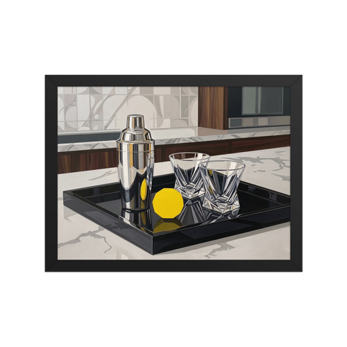 'The Evening Cocktail' — a Art Deco print. An Art Deco oil painting of a silver cocktail shaker, crystal glasses, and a geometric yellow lemon on a black tray, perfect for a home bar.
