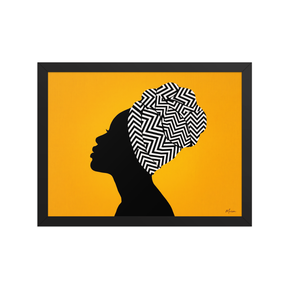 'Geometric Crown' — a Afrofuturism,Pop art print. A digital art portrait of a woman's profile silhouette wearing a graphic black and white geometric headwrap against a vibrant yellow background, adding a bold touch to a living room.