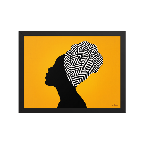 'Geometric Crown' — a Afrofuturism,Pop art print. A digital art portrait of a woman's profile silhouette wearing a graphic black and white geometric headwrap against a vibrant yellow background, adding a bold touch to a living room.