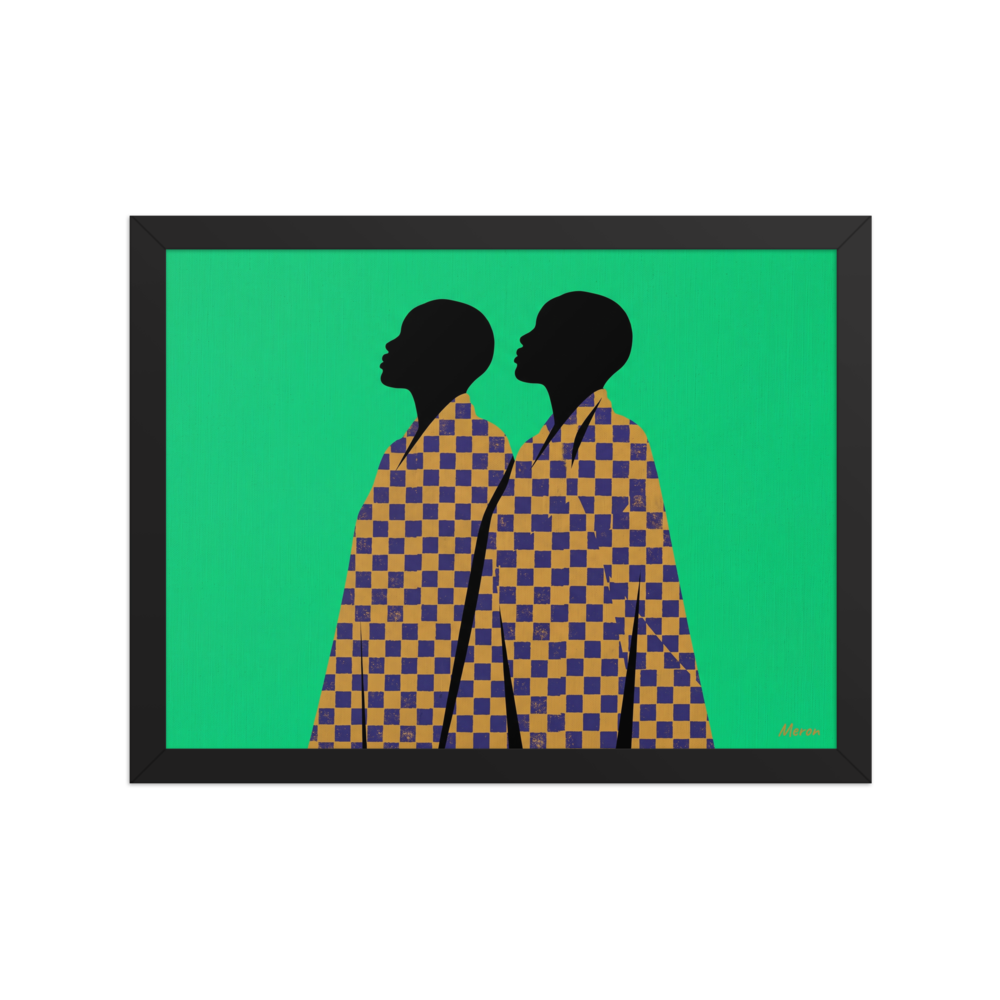 'Checkered Solidarity' — a Afrofuturism,Pop art print. A vibrant graphic art print featuring two African profile silhouettes draped in blue and gold checkered robes against an emerald green background, perfect for a living room or entryway.