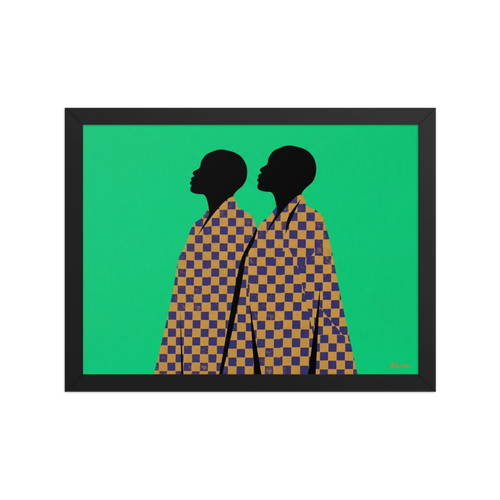 'Checkered Solidarity' — a Afrofuturism,Pop art print. A vibrant graphic art print featuring two African profile silhouettes draped in blue and gold checkered robes against an emerald green background, perfect for a living room or entryway.