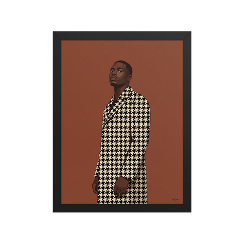 'Houndstooth Elegance' — a Figurative art,Realism print. A digital art fashion portrait of a stylish Black man wearing a black and cream houndstooth coat against a warm brown background, adding modern flair to an office or living room.