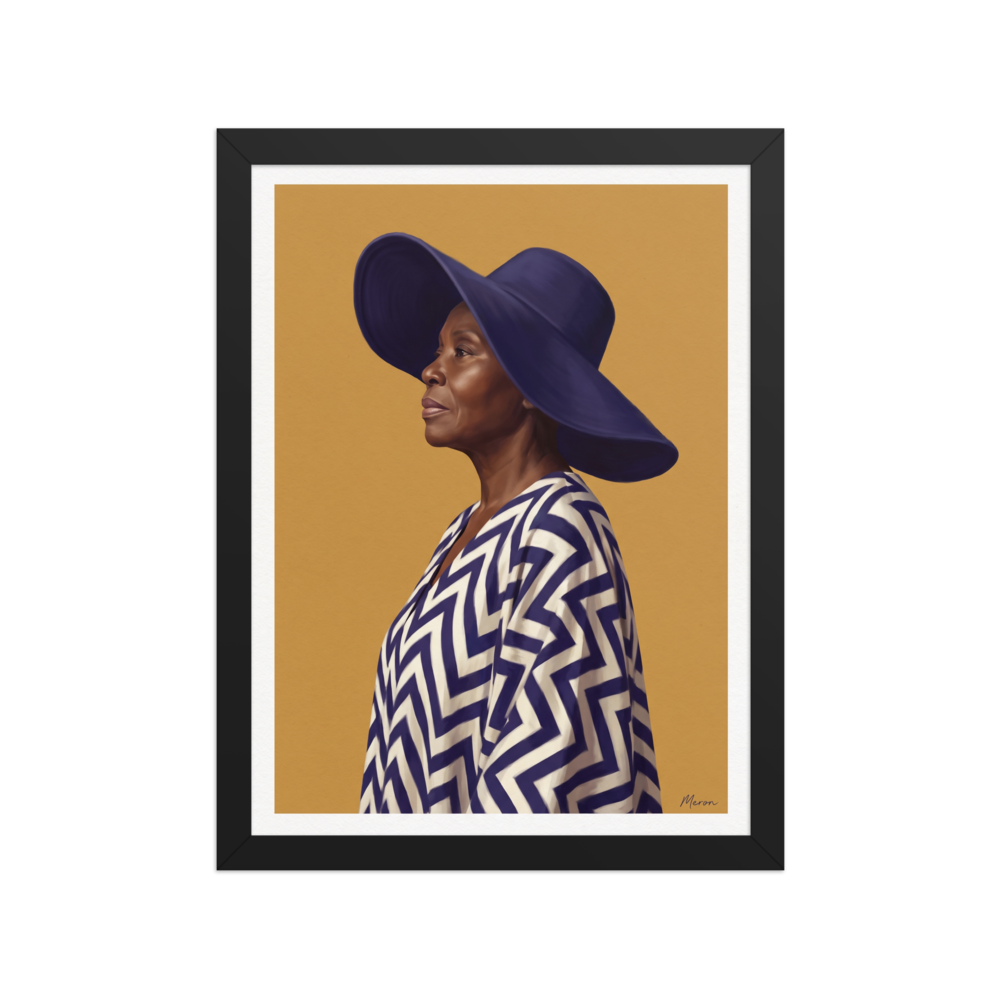 'Grace in Indigo' — a Realism,Figurative art print. An oil painting portrait of an elder African woman wearing a wide indigo hat and chevron robe against a yellow background, ideal for a peaceful bedroom or living room.