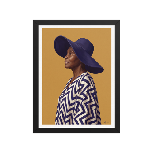 'Grace in Indigo' — a Realism,Figurative art print. An oil painting portrait of an elder African woman wearing a wide indigo hat and chevron robe against a yellow background, ideal for a peaceful bedroom or living room.
