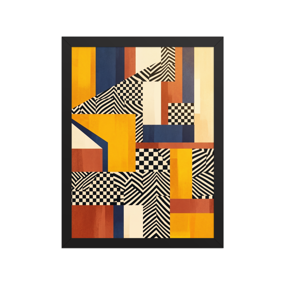 'Checkerboard Resonance' — a Geometric abstract art,Op Art print. Bold abstract geometric composition featuring yellow and navy blocks mixed with black and white checkerboard and wavy patterns, perfect for modern Living Room wall art.