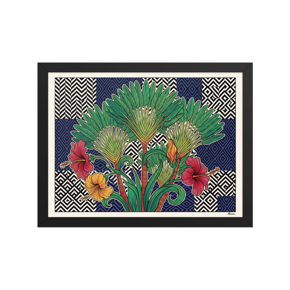'Tropical Tessellation' — a Art Deco,Art Nouveau print. Lush illustration of traveler palms and red hibiscus flowers set against a geometric navy tile and black and white chevron background, ideal for Living Room wall decor.