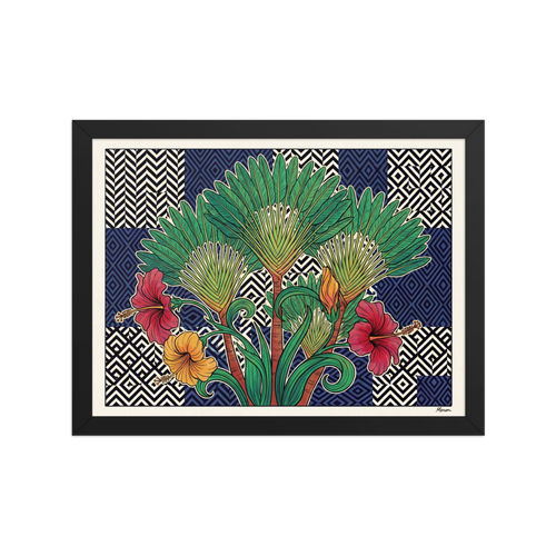 'Tropical Tessellation' — a Art Deco,Art Nouveau print. Lush illustration of traveler palms and red hibiscus flowers set against a geometric navy tile and black and white chevron background, ideal for Living Room wall decor.