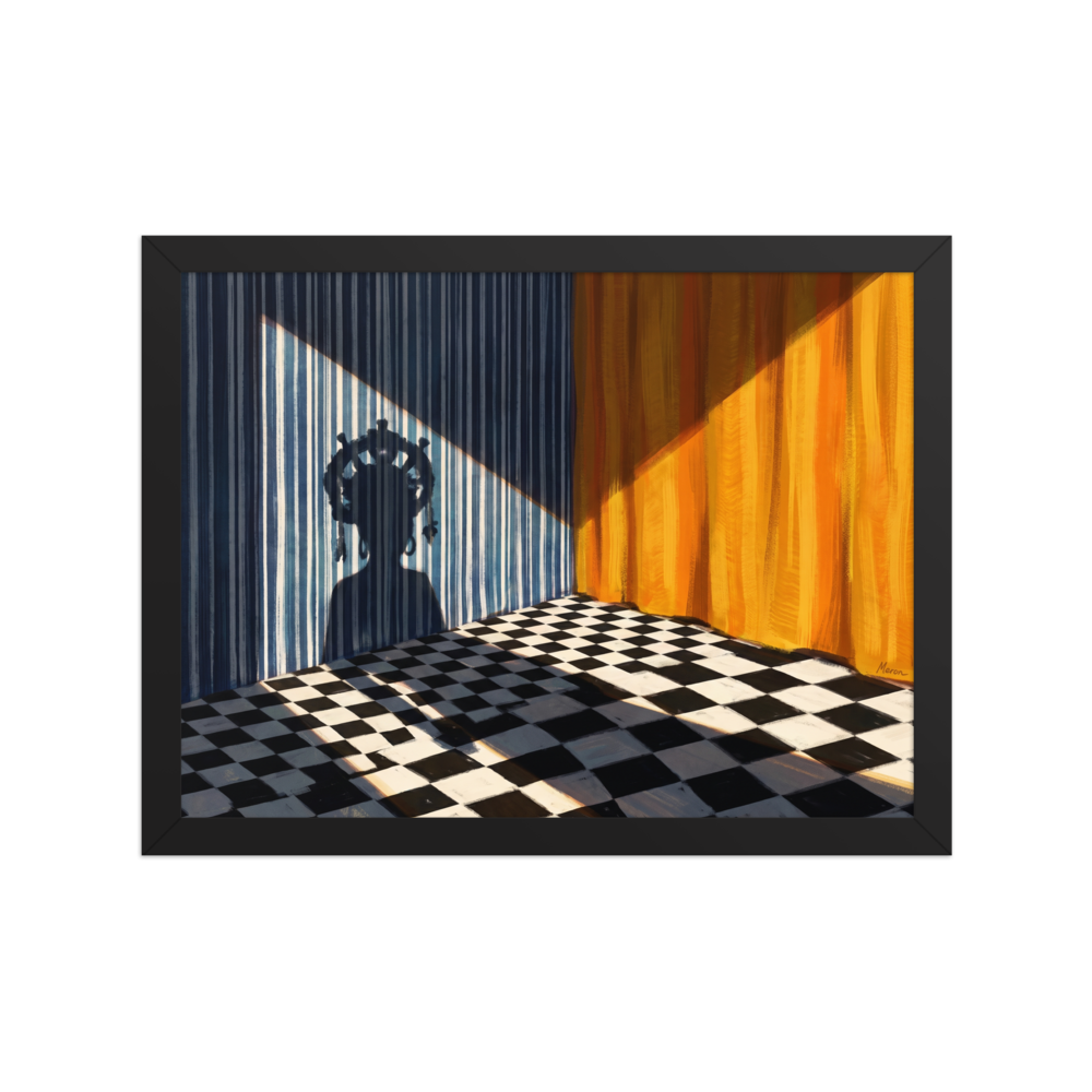 'Crowned Silhouette' — a Surrealism,Magic realism print. Mysterious shadow of a crowned figure cast on a blue striped wall in a room with a checkerboard floor and yellow drapes, ideal for Bedroom wall art.