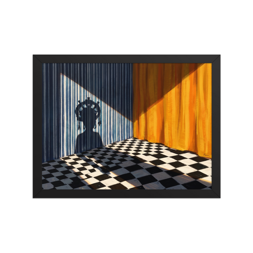 'Crowned Silhouette' — a Surrealism,Magic realism print. Mysterious shadow of a crowned figure cast on a blue striped wall in a room with a checkerboard floor and yellow drapes, ideal for Bedroom wall art.