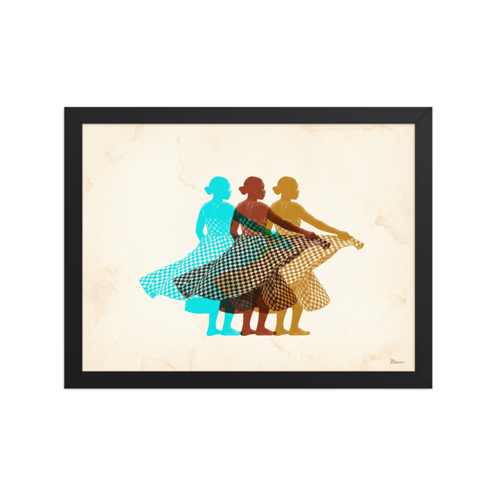 'Rhythm in Triplicate' — a Pop art,Figurative art print. Three overlapping figures of a dancing woman wearing a checkered dress in cyan, brown, and yellow against a cream background, perfect for Living Room wall decor.