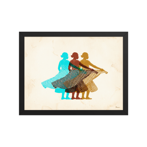 'Rhythm in Triplicate' — a Pop art,Figurative art print. Three overlapping figures of a dancing woman wearing a checkered dress in cyan, brown, and yellow against a cream background, perfect for Living Room wall decor.