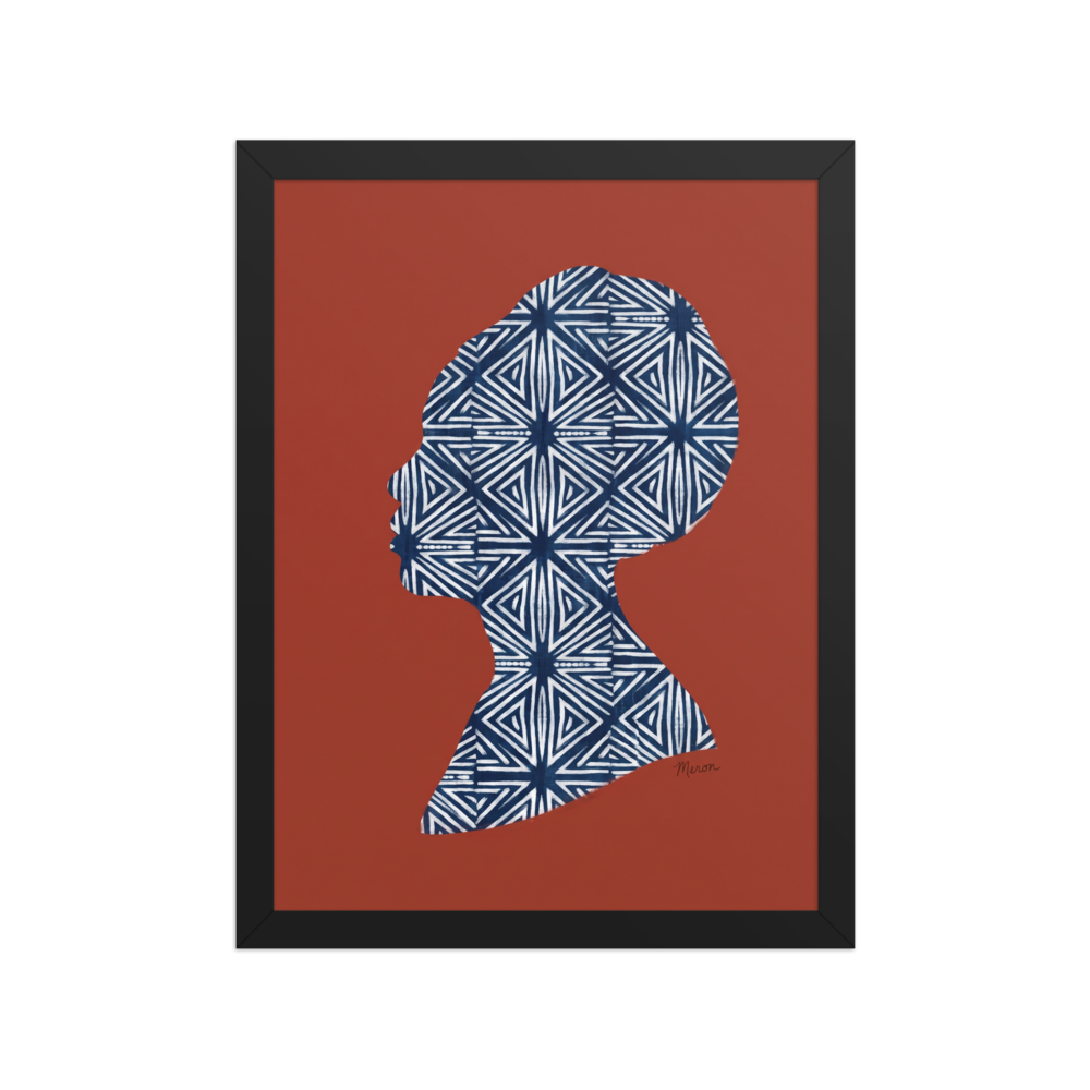 'Indigo Heritage' — a Figurative art,Minimalism print. Profile silhouette of a woman filled with a white and navy geometric indigo pattern against a rust red background, perfect for Bedroom wall decor.