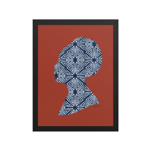 'Indigo Heritage' — a Figurative art,Minimalism print. Profile silhouette of a woman filled with a white and navy geometric indigo pattern against a rust red background, perfect for Bedroom wall decor.