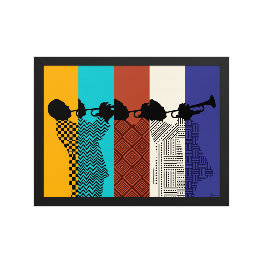 'Polyphonic Rhythm' — a Harlem Renaissance,Pop art print. Silhouette of a jazz trumpeter wearing patterned suits across five vertical stripes of yellow, cyan, brown, white, and navy, perfect for Living Room wall decor.