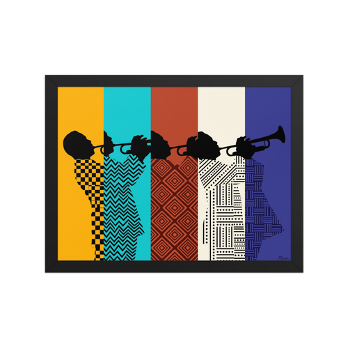 'Polyphonic Rhythm' — a Harlem Renaissance,Pop art print. Silhouette of a jazz trumpeter wearing patterned suits across five vertical stripes of yellow, cyan, brown, white, and navy, perfect for Living Room wall decor.