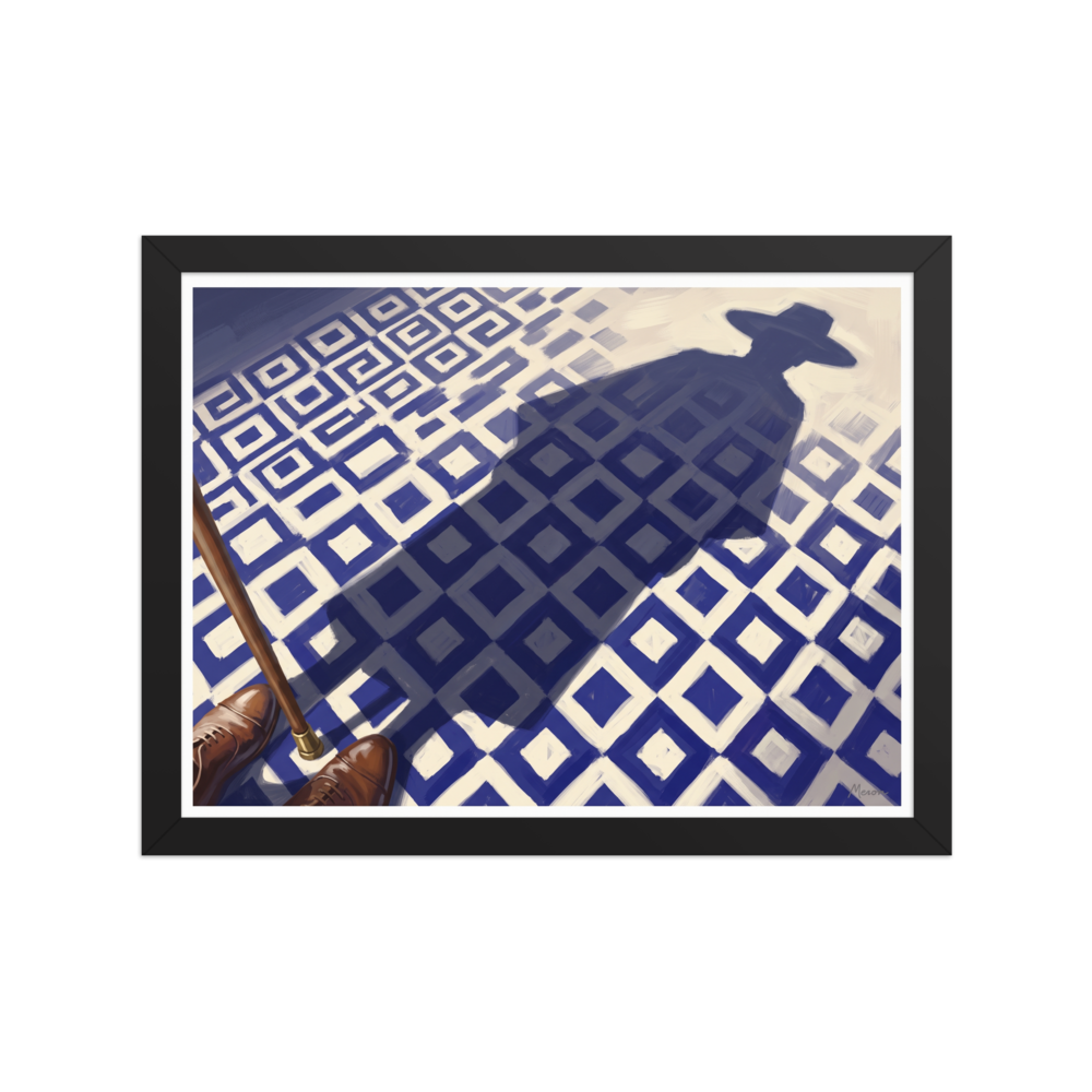 'Shadow of the Traveler' — a Realism,Magic realism print. First person perspective looking down at brown leather shoes and a walking cane on a blue and white tiled floor, casting a long shadow of a man in a hat, perfect for Office wall decor.