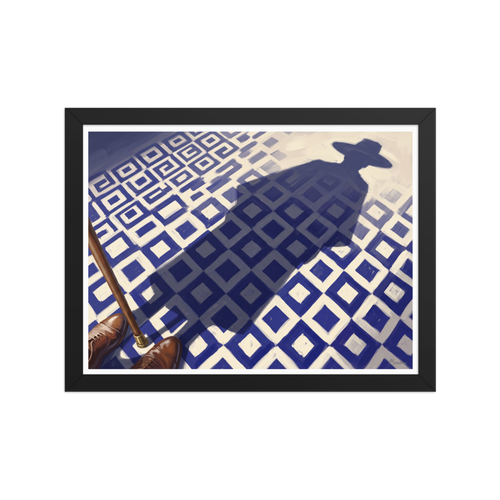 'Shadow of the Traveler' — a Realism,Magic realism print. First person perspective looking down at brown leather shoes and a walking cane on a blue and white tiled floor, casting a long shadow of a man in a hat, perfect for Office wall decor.