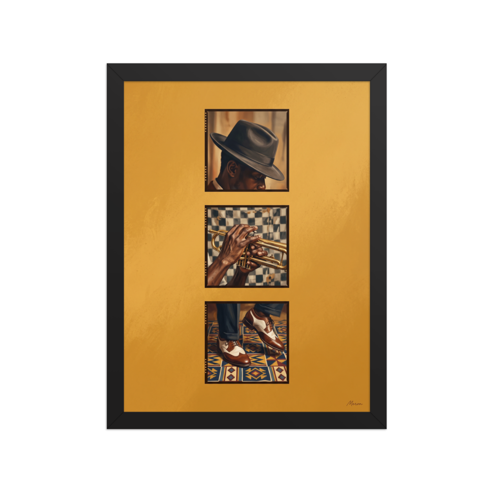 'Triptych in Brass' — a Harlem Renaissance,Realism print. Three vertical film frames showing a jazz musician in a fedora hat, hands playing a trumpet, and wingtip shoes on a geometric rug against a golden background, perfect for Home Bar wall decor.
