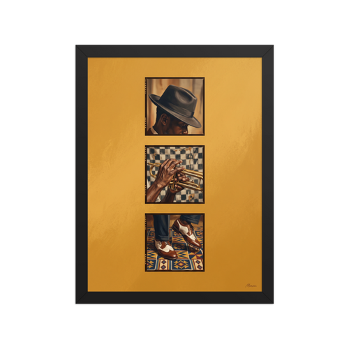 'Triptych in Brass' — a Harlem Renaissance,Realism print. Three vertical film frames showing a jazz musician in a fedora hat, hands playing a trumpet, and wingtip shoes on a geometric rug against a golden background, perfect for Home Bar wall decor.