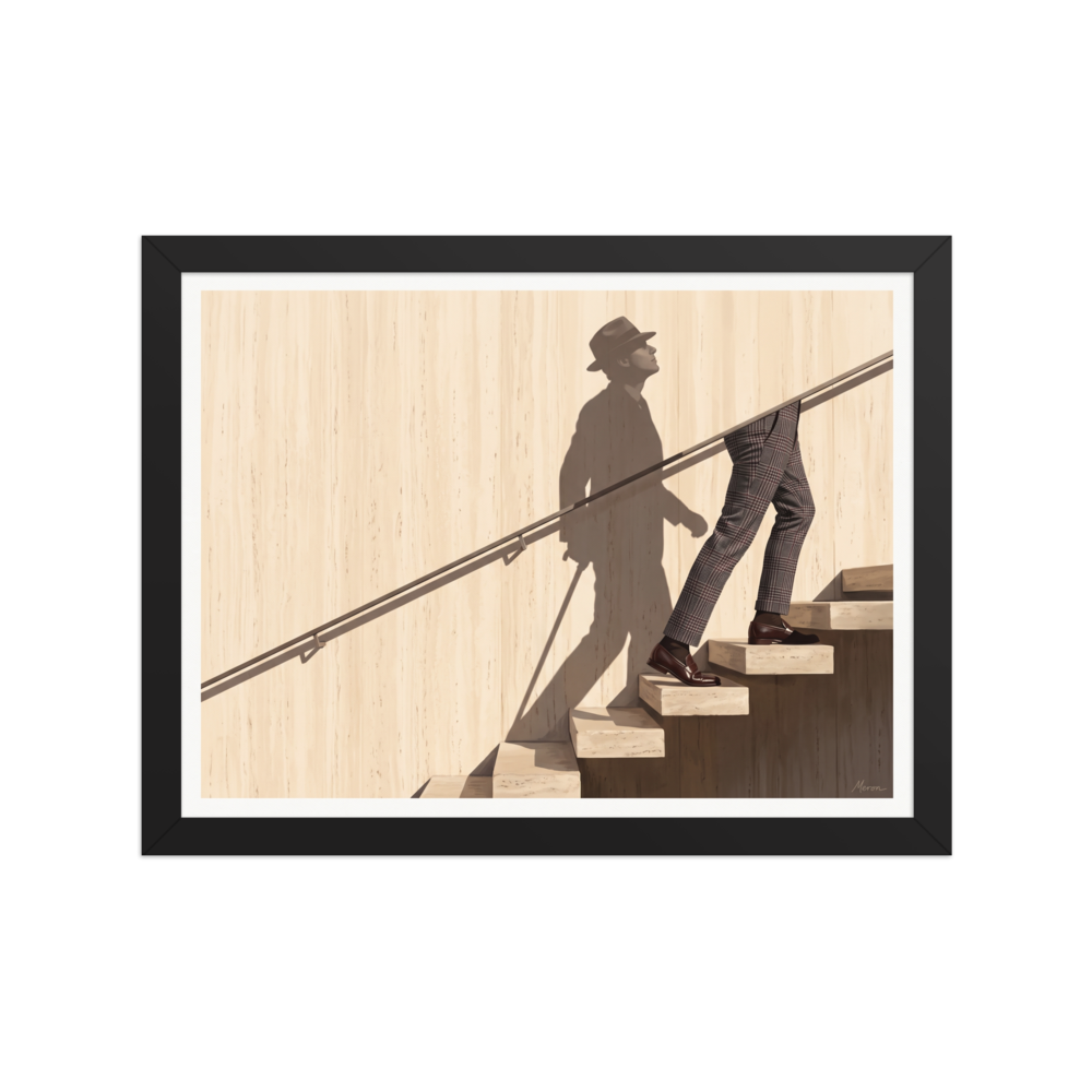 'Ascent of the Shadow' — a Surrealism,Realism print. Man in plaid trousers climbing marble stairs with his full silhouette in a fedora hat and cane cast as a shadow on a beige wall, perfect for Office wall decor.