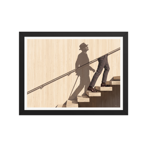 'Ascent of the Shadow' — a Surrealism,Realism print. Man in plaid trousers climbing marble stairs with his full silhouette in a fedora hat and cane cast as a shadow on a beige wall, perfect for Office wall decor.