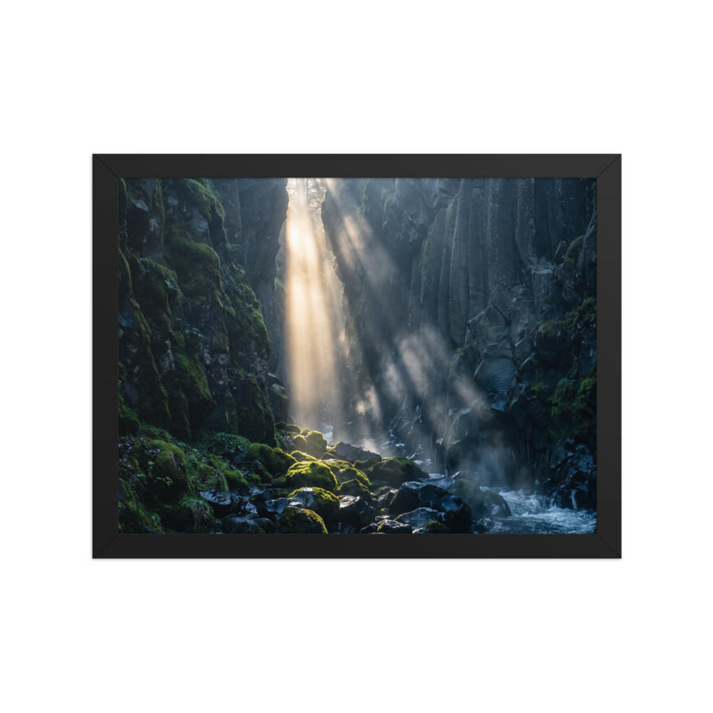 'Sunbeams in the Gorge' — a Art photography print. Golden sunbeams filtering down into a mossy volcanic canyon gorge, serene nature decor for a calming bedroom.