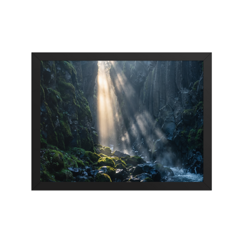 'Sunbeams in the Gorge' — a Art photography print. Golden sunbeams filtering down into a mossy volcanic canyon gorge, serene nature decor for a calming bedroom.