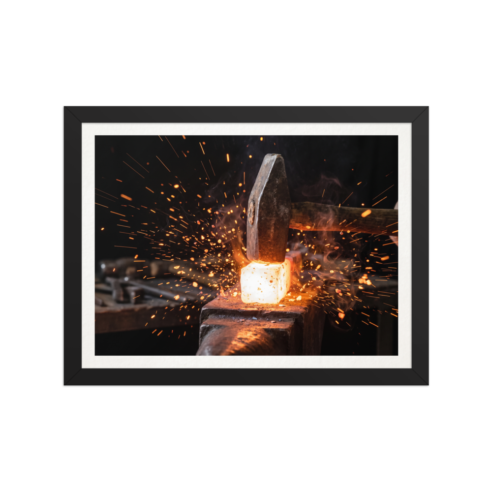'Strike of the Anvil' — a Art photography print. Close-up photograph of a blacksmith hammer striking red-hot metal on an anvil with glowing sparks, dynamic art for a garage or office.