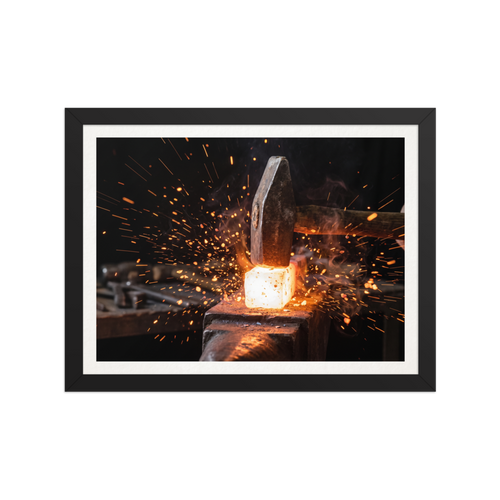 'Strike of the Anvil' — a Art photography print. Close-up photograph of a blacksmith hammer striking red-hot metal on an anvil with glowing sparks, dynamic art for a garage or office.