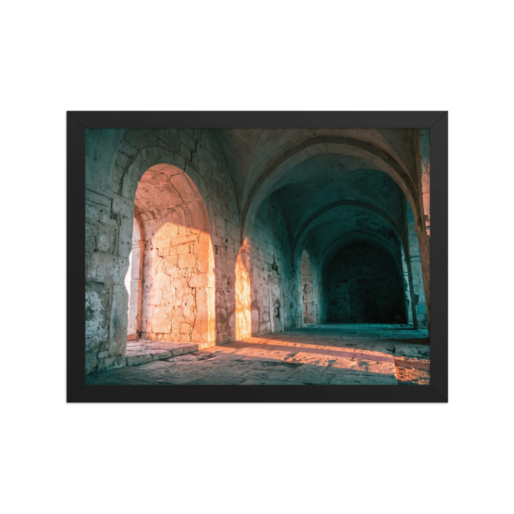 'Arches at Sunset' — a Art photography print. Ancient stone arches illuminated by warm sunset light with cool shadowed corridors, elegant architectural art for a hallway.