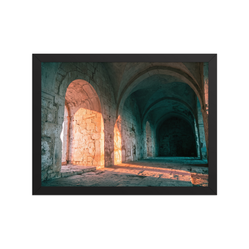 'Arches at Sunset' — a Art photography print. Ancient stone arches illuminated by warm sunset light with cool shadowed corridors, elegant architectural art for a hallway.