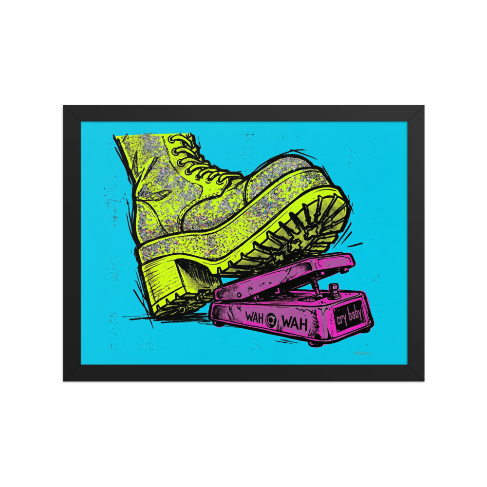 'Stomp the Fuzz' — a Pop art print. A colorful pop art illustration of a glittery yellow platform boot stepping on a pink wah wah guitar pedal against a bright cyan background.