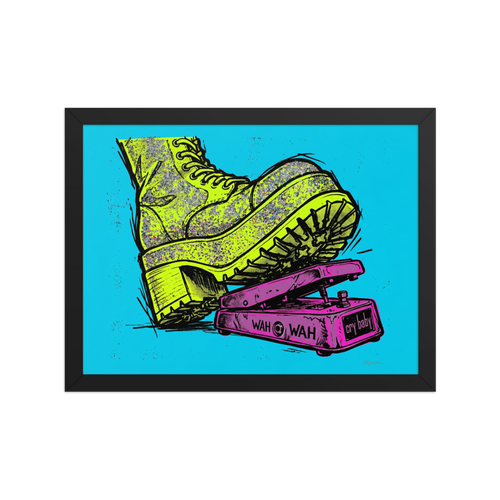 'Stomp the Fuzz' — a Pop art print. A colorful pop art illustration of a glittery yellow platform boot stepping on a pink wah wah guitar pedal against a bright cyan background.