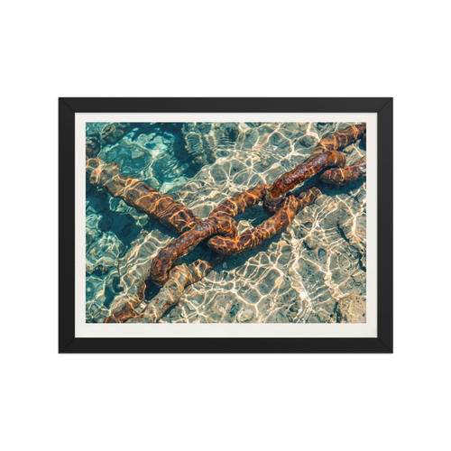 'Sunken Mooring Chain' — a Art photography print. Rusted iron mooring chain submerged in crystal clear turquoise ocean water with dancing sun ripples, ideal coastal art for a bathroom.