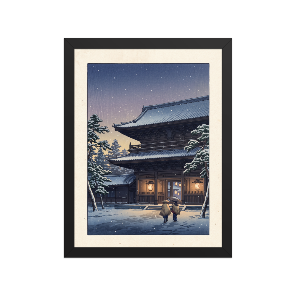 'Snowfall at Dusk' — a Shin hanga print. Two figures walk through falling snow toward an illuminated Japanese temple gate at dusk, creating a peaceful scene ideal for a living room.