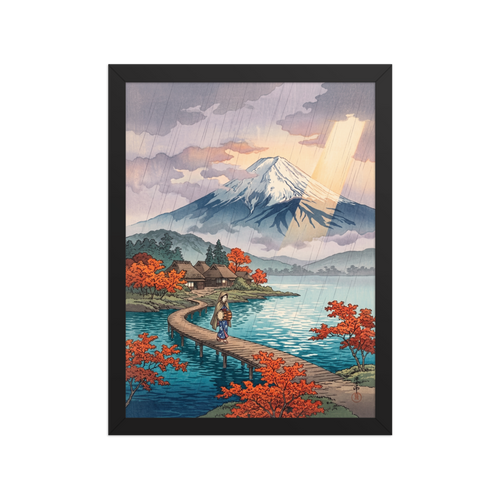 'Sunshower Over Fuji' — a Shin hanga print. A lone traveler walks across a wooden bridge on a tranquil lake toward Mount Fuji as sun rays pierce through light rainfall, ideal for an office.