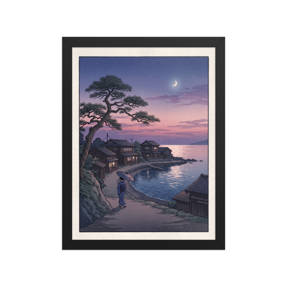 'Crescent Moon Bay' — a Shin hanga print. A woman holding an umbrella walks along a coastal village path beneath a crescent moon and twilight sky, making it a peaceful addition to a bedroom.