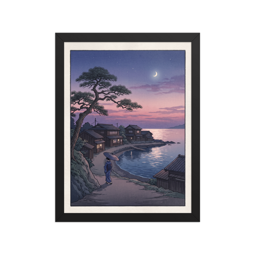 'Crescent Moon Bay' — a Shin hanga print. A woman holding an umbrella walks along a coastal village path beneath a crescent moon and twilight sky, making it a peaceful addition to a bedroom.