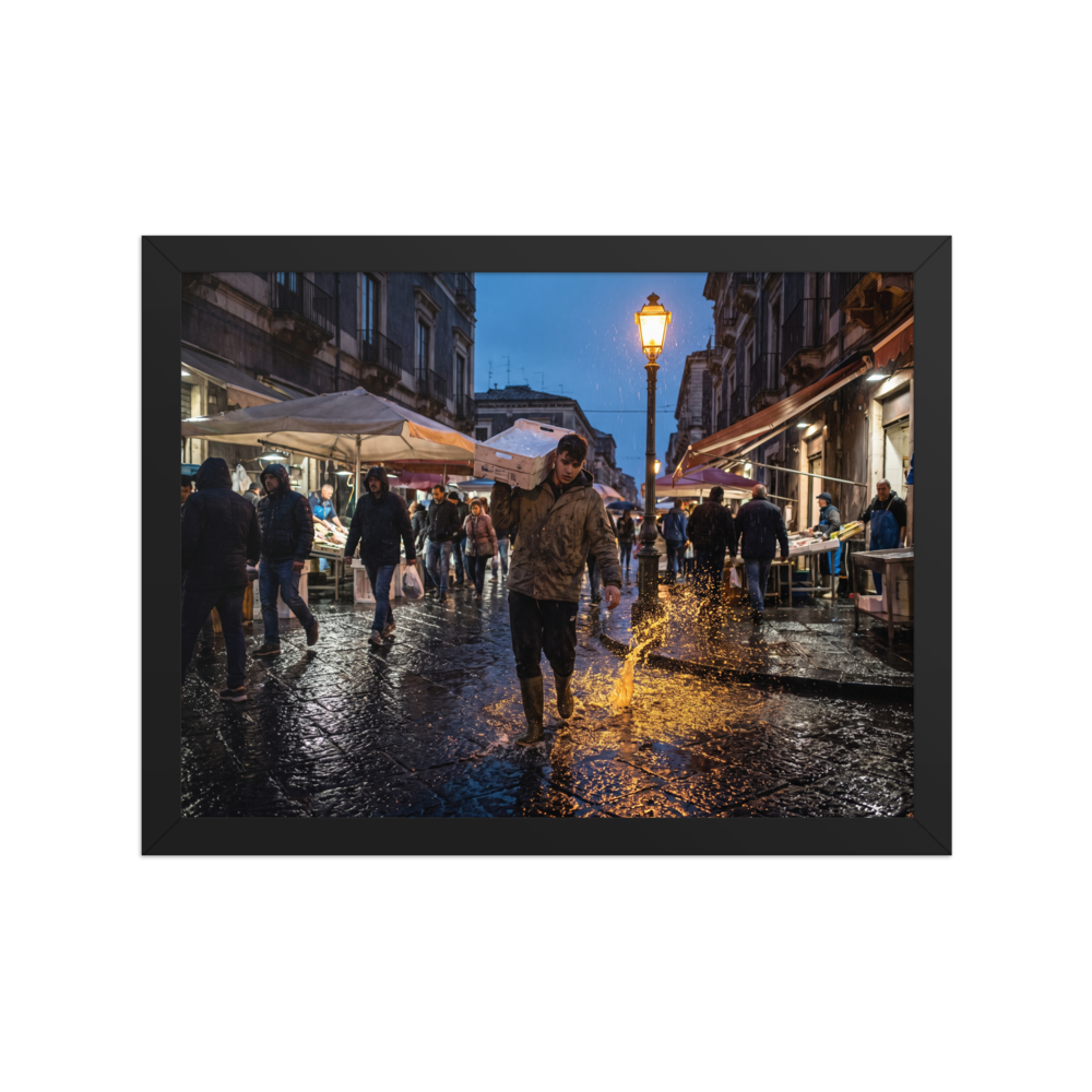 'Market Rain at Dusk' — a Art photography print. Market worker carrying a fish crate splashing through rainy wet cobblestones under a glowing streetlamp at dusk, atmospheric street photography.