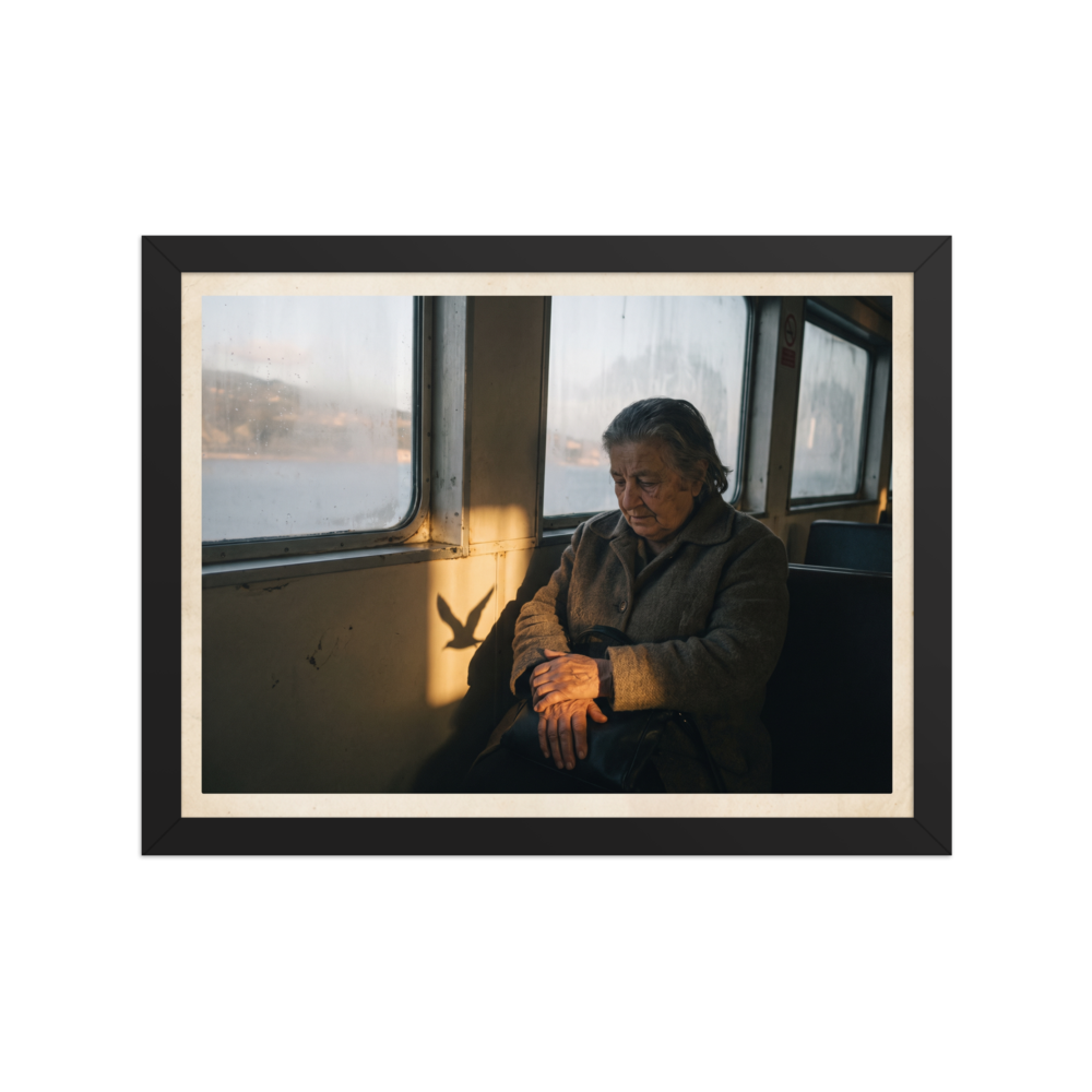 'Shadow of the Gull' — a Art photography print. An elderly woman sits thoughtfully by a window in golden sunlight with a bird shadow cast beside her, ideal for a contemplative living room or study.