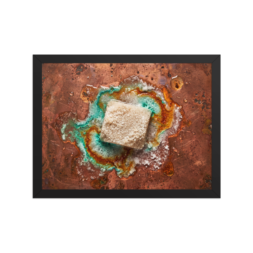 'Alchemy of Verdigris' — a Art photography print. A macro photographic study of a crystalline salt block reacting on weathered copper with vibrant turquoise patina, perfect for a kitchen or living room.