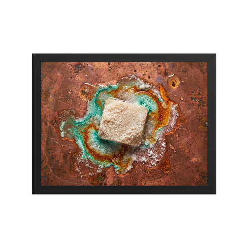 'Alchemy of Verdigris' — a Art photography print. A macro photographic study of a crystalline salt block reacting on weathered copper with vibrant turquoise patina, perfect for a kitchen or living room.