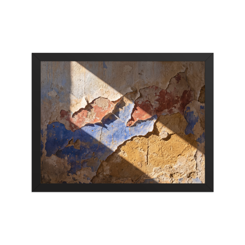'Palimpsest in Sunlight' — a Art photography print. A photographic study of peeling plaster wall showing layers of blue, red, and ochre paint under bright diagonal sunlight, suitable for a rustic or modern living room.